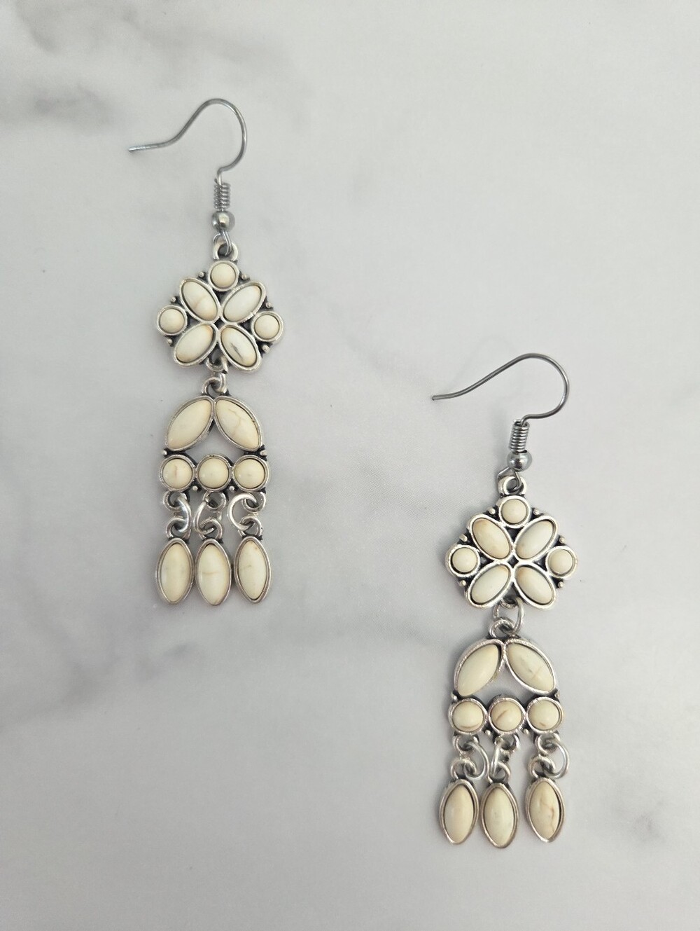 Paparazzi White Stone Chandelier Statement Earrings Silver Tone Boho - Picture 5 of 12